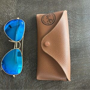 Ray-Ban Gold Frame Sunglasses with Blue Mirror Lenses and Brown Leather Case